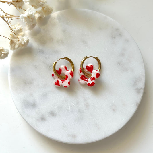 Boucles d'oreilles fleur coeur rouge  - Fait main