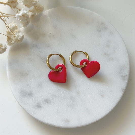 Boucles d'oreilles cœur rose fushia - Fait main
